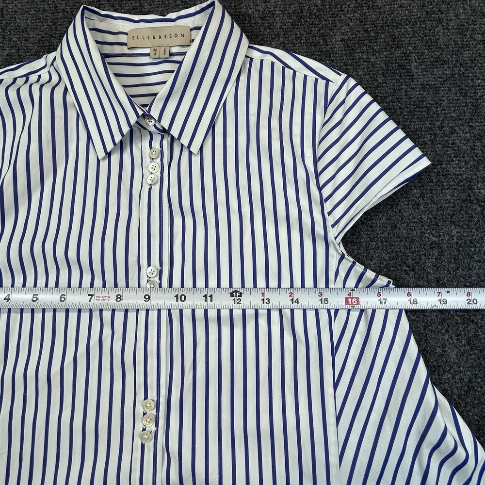 Elle Sasson 4 36 Blue White 100% Cotton Striped Button Down Shirt Top Asymmetric - Picture 5 of 9